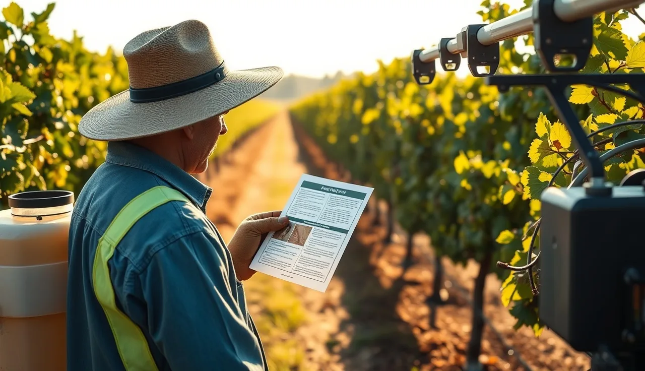 Vineyard worker reviewing chemical exposure safety card on spray rig at dawn