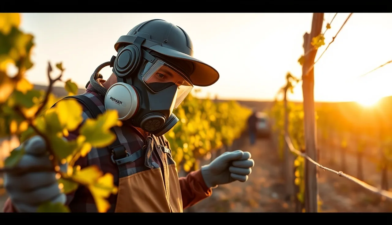 Vineyard pesticide applicator in PPE checking vine row at dusk with sprayer visible