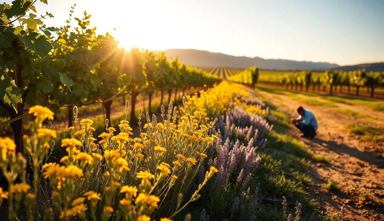 Vineyard hedgerow with flowering beneficial insect habitat plants beside grapevine rows