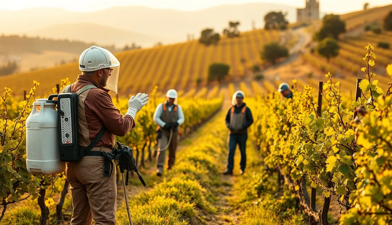 Crew leader demonstrating pesticide safety gear to workers in a vineyard