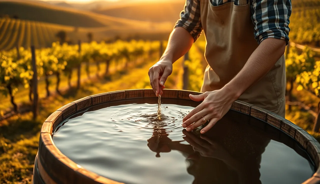 Vineyard worker hand-stirring biodynamic preparation in wooden barrel at sunset