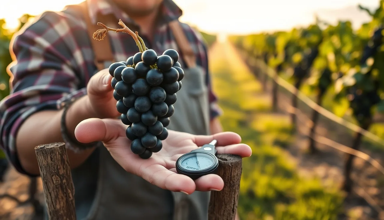 Vineyard worker measuring harvest grape brix with a refractometer at dawn