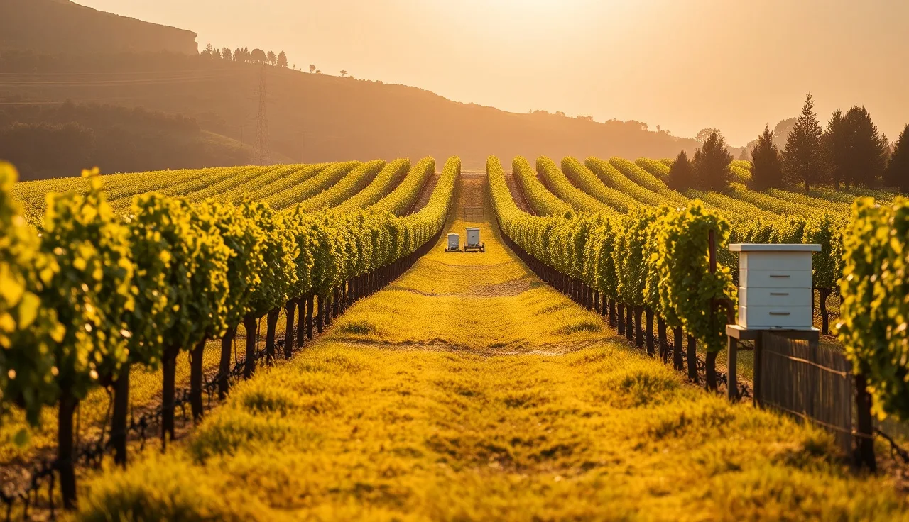 Beehives at the edge of a vineyard block in early morning light