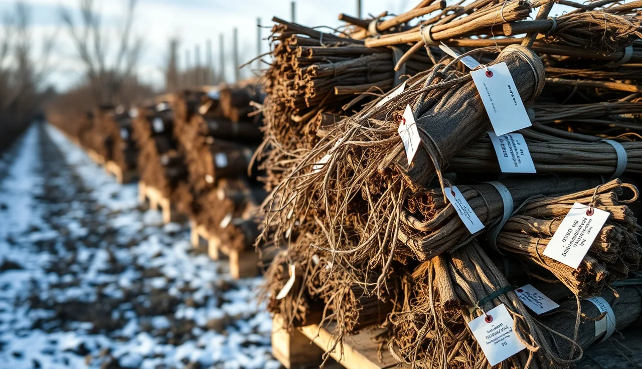 Bundled dormant grapevine rootstock with nursery identification tags on a wooden pallet