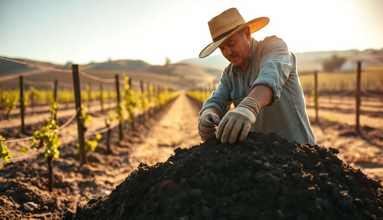 Vineyard worker handling dark compost near vine rows in early morning light