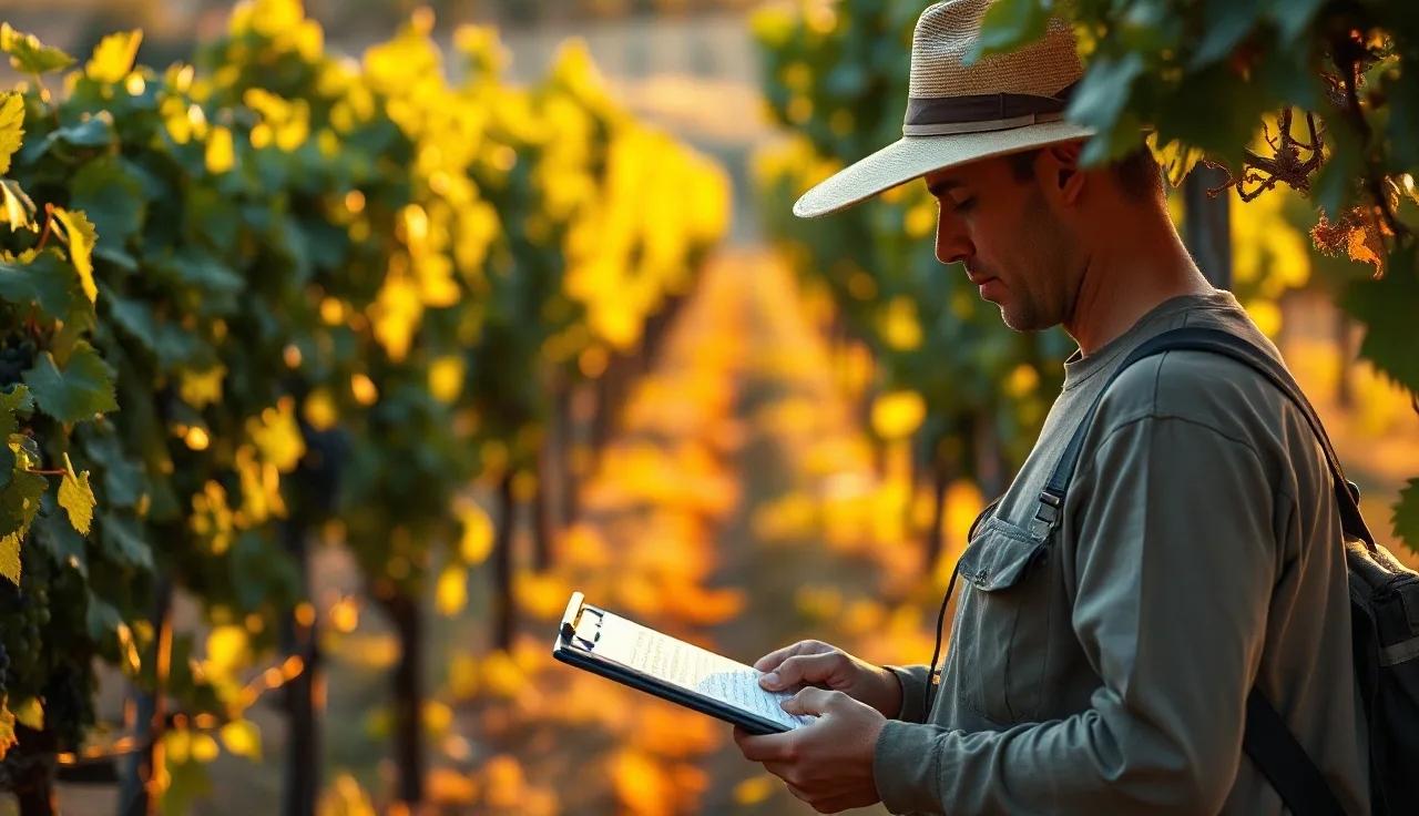 Vineyard worker logging copper fungicide spray records among grapevine rows