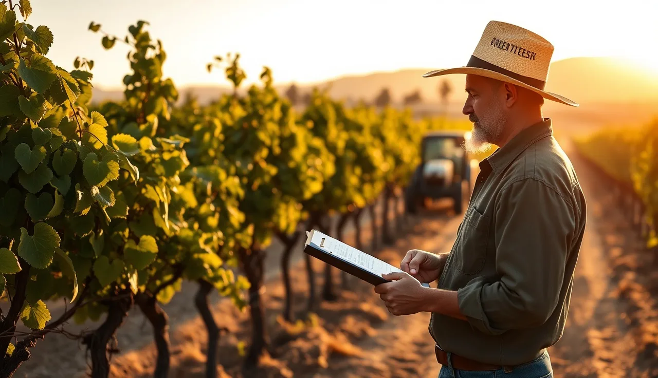 Vineyard worker reviewing spray records beside a grapevine row at golden hour