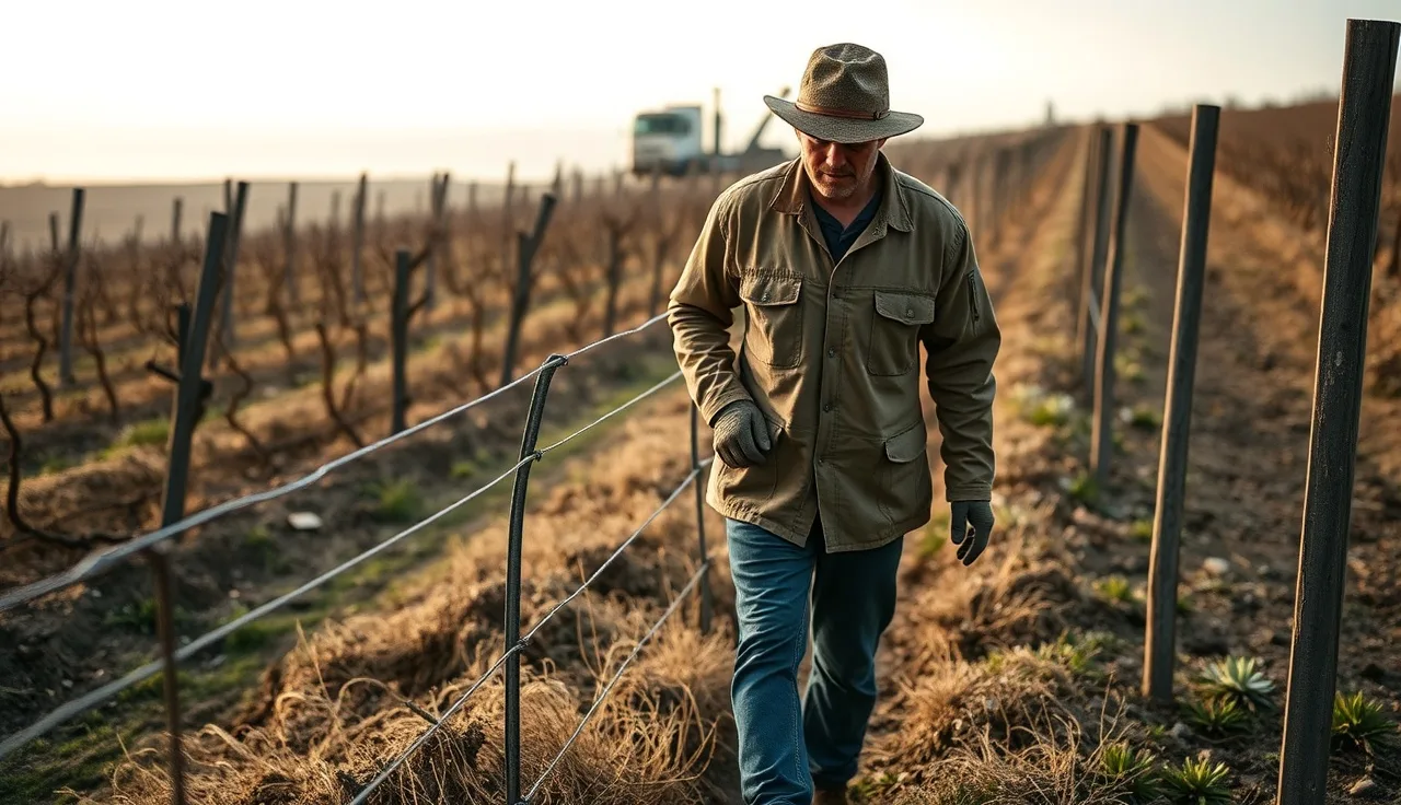 Vineyard worker inspecting deer exclusion fence wire along vineyard perimeter at dawn