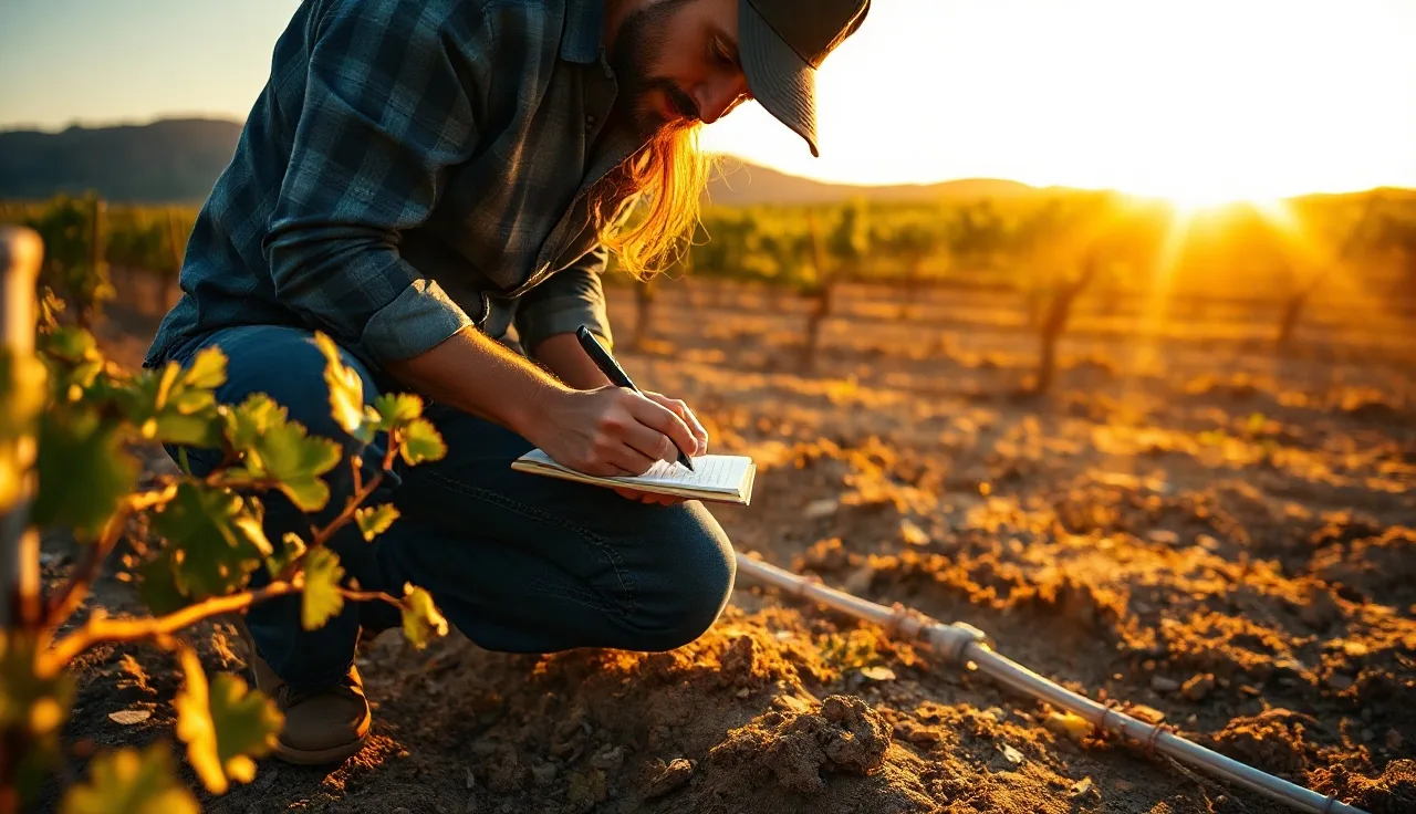 Vineyard manager recording irrigation data in a field notebook among vine rows