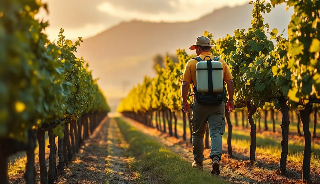 Field worker with sprayer walking between grapevine rows at dawn in a vineyard