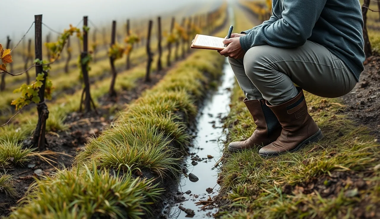 Vineyard manager inspecting drainage swale and recording erosion control notes in field