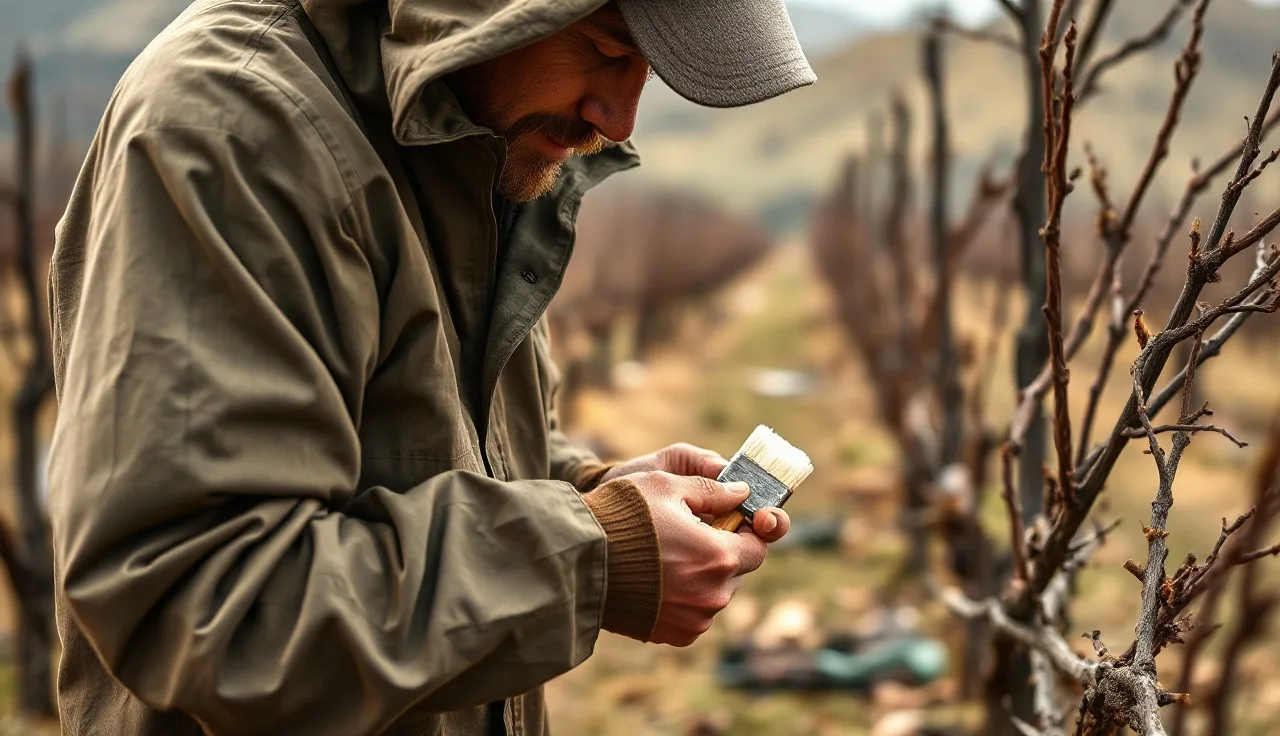 Vineyard worker painting fungicide on fresh pruning wounds on dormant grapevines