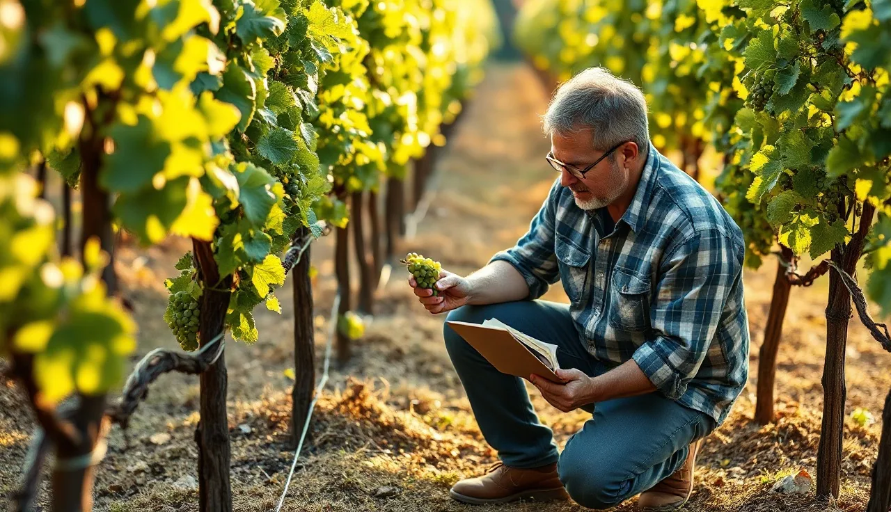 Vineyard manager scouting grapevine leaves and taking IPM field notes
