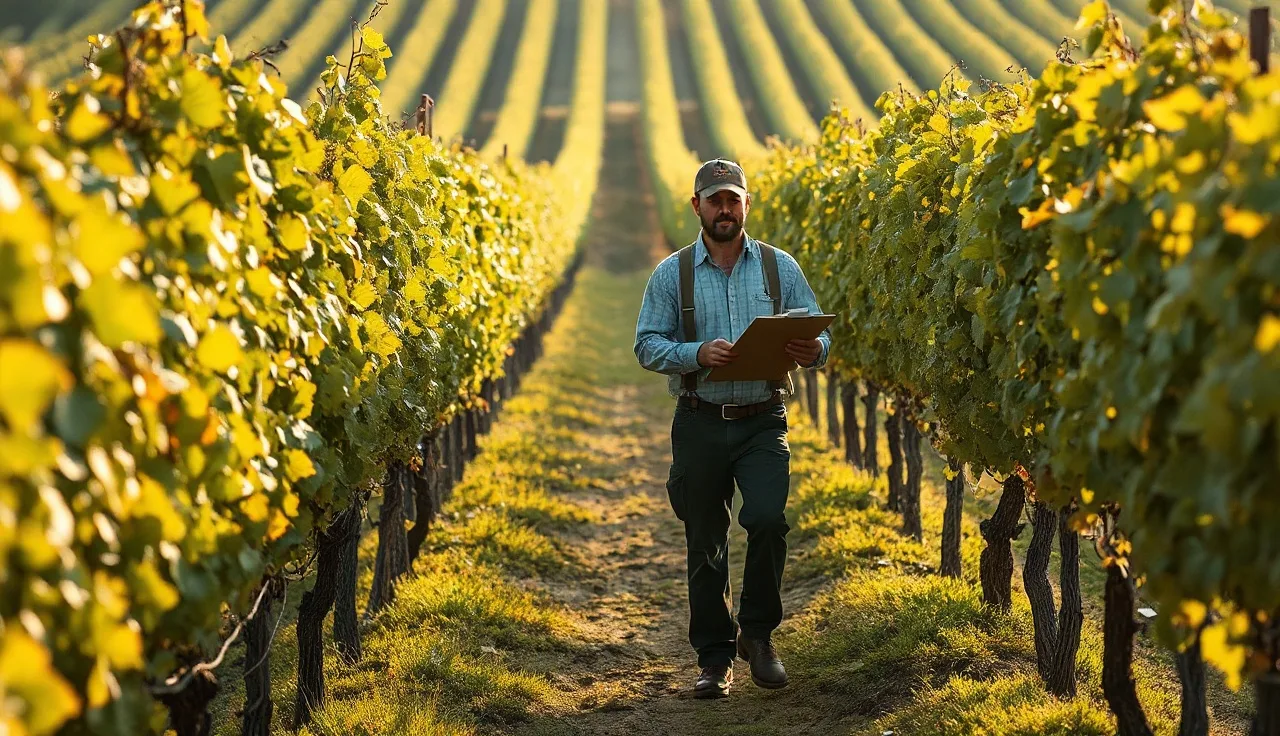 Vineyard worker with clipboard walking between kaolin-coated grapevines at sunrise