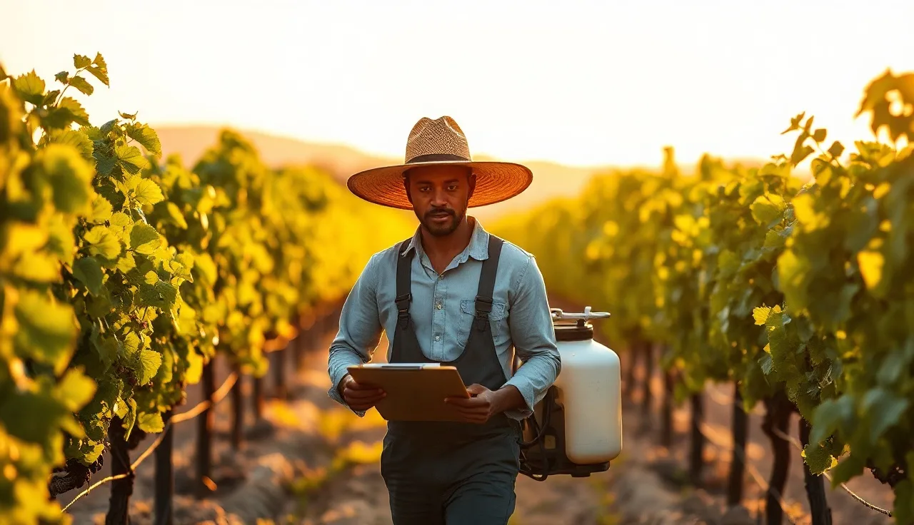 Vineyard worker walking rows after pesticide application with clipboard in hand