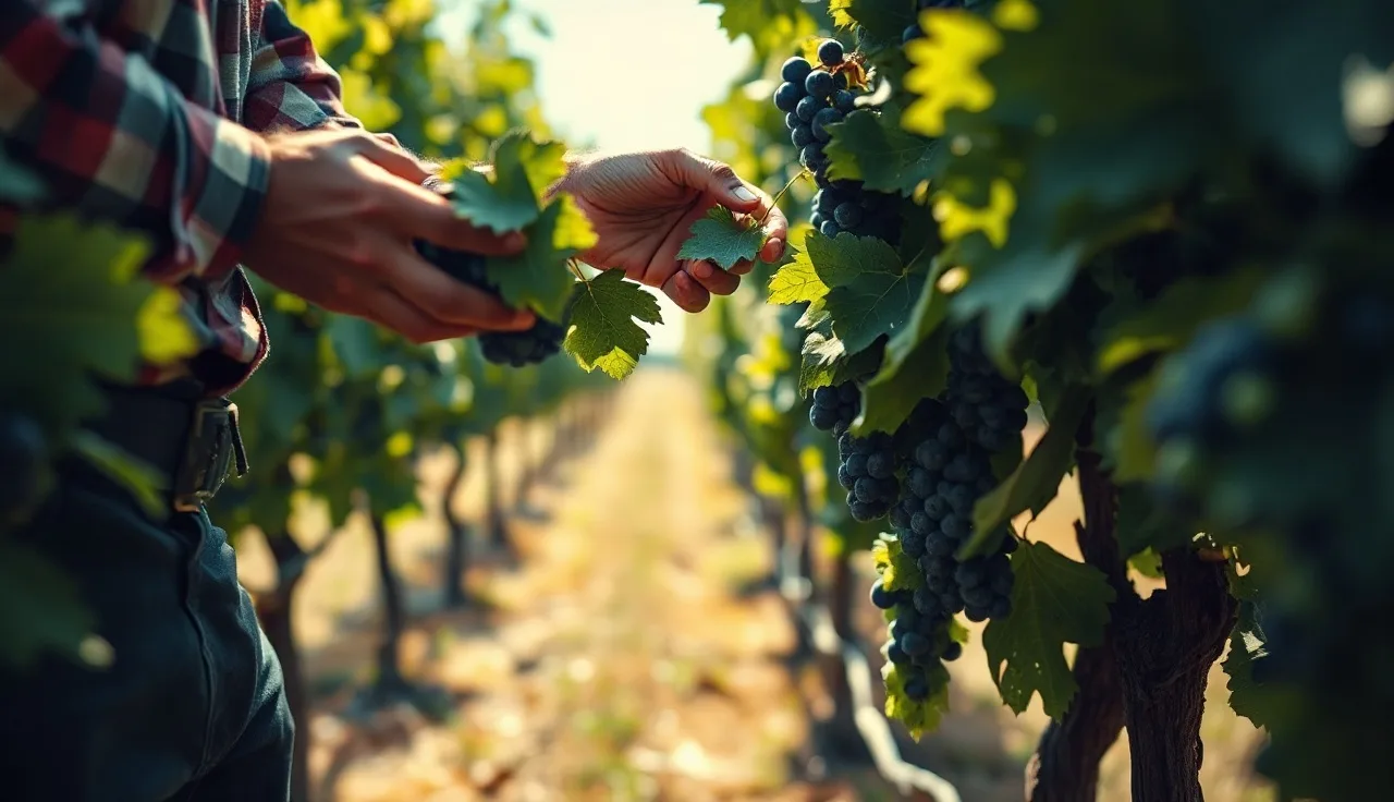 Vineyard worker removing leaves from the fruit zone during bloom for disease management