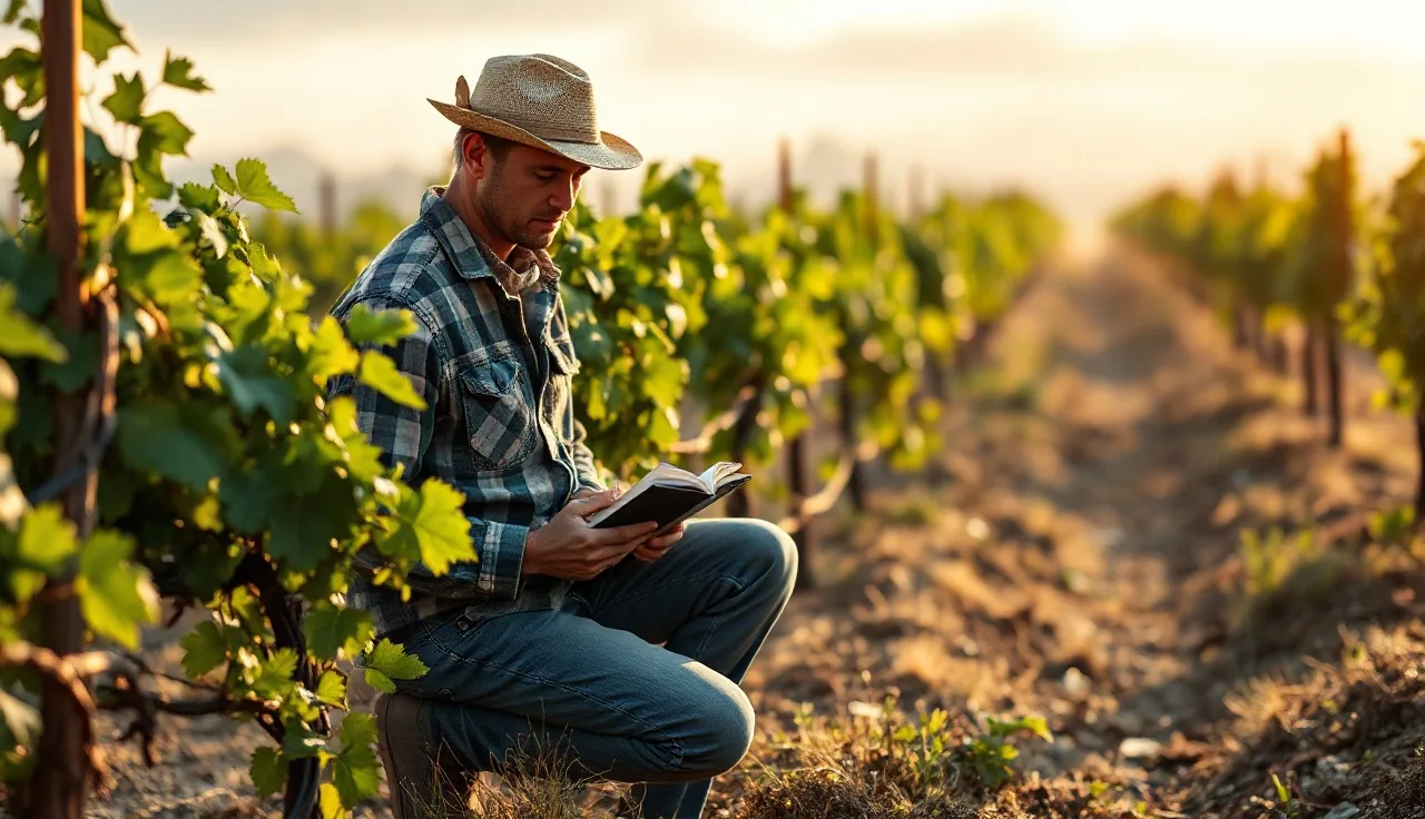 Vineyard worker recording spray data in a field notebook between grapevine rows at dawn
