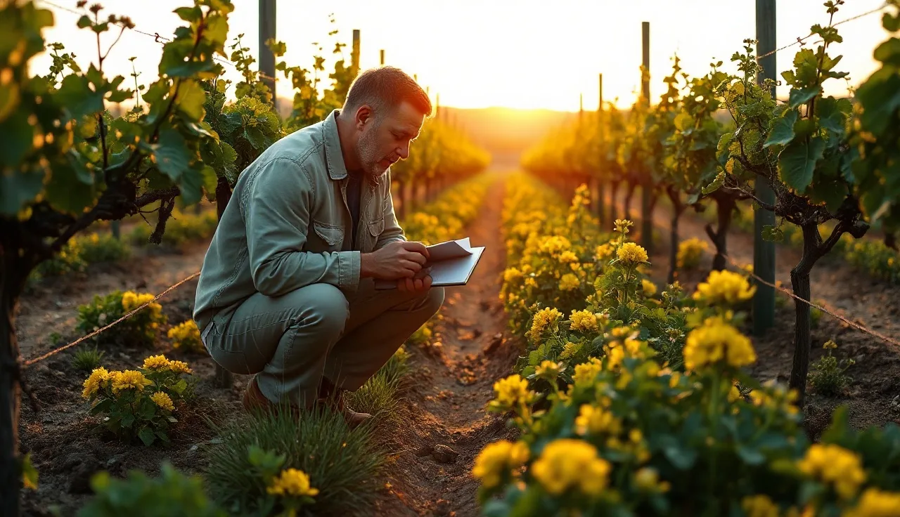 Vineyard manager examining blooming cover crop between vine rows before mowing