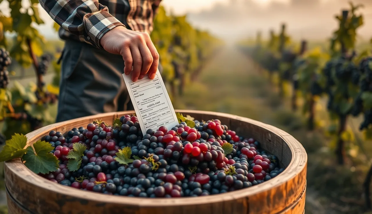 Vineyard worker placing harvest weight ticket into bin of red wine grapes at dawn