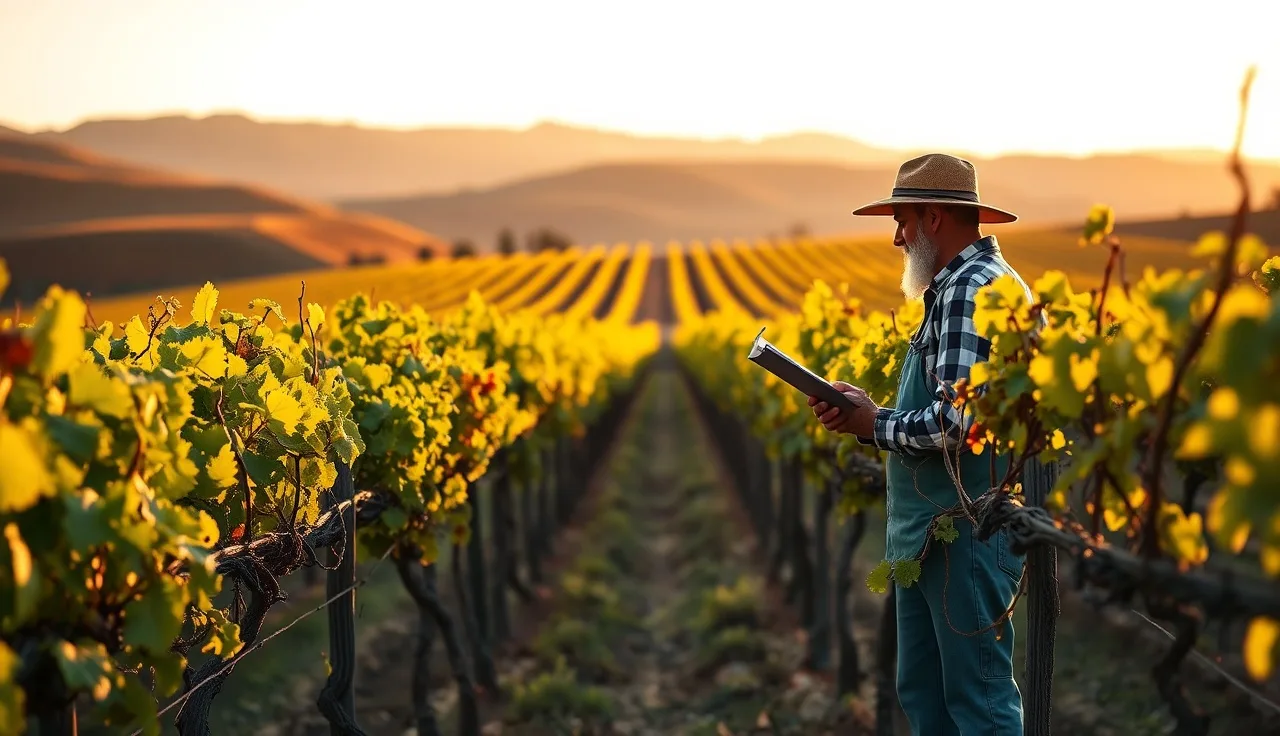 Vineyard worker reviewing application records in a certified organic block at golden hour