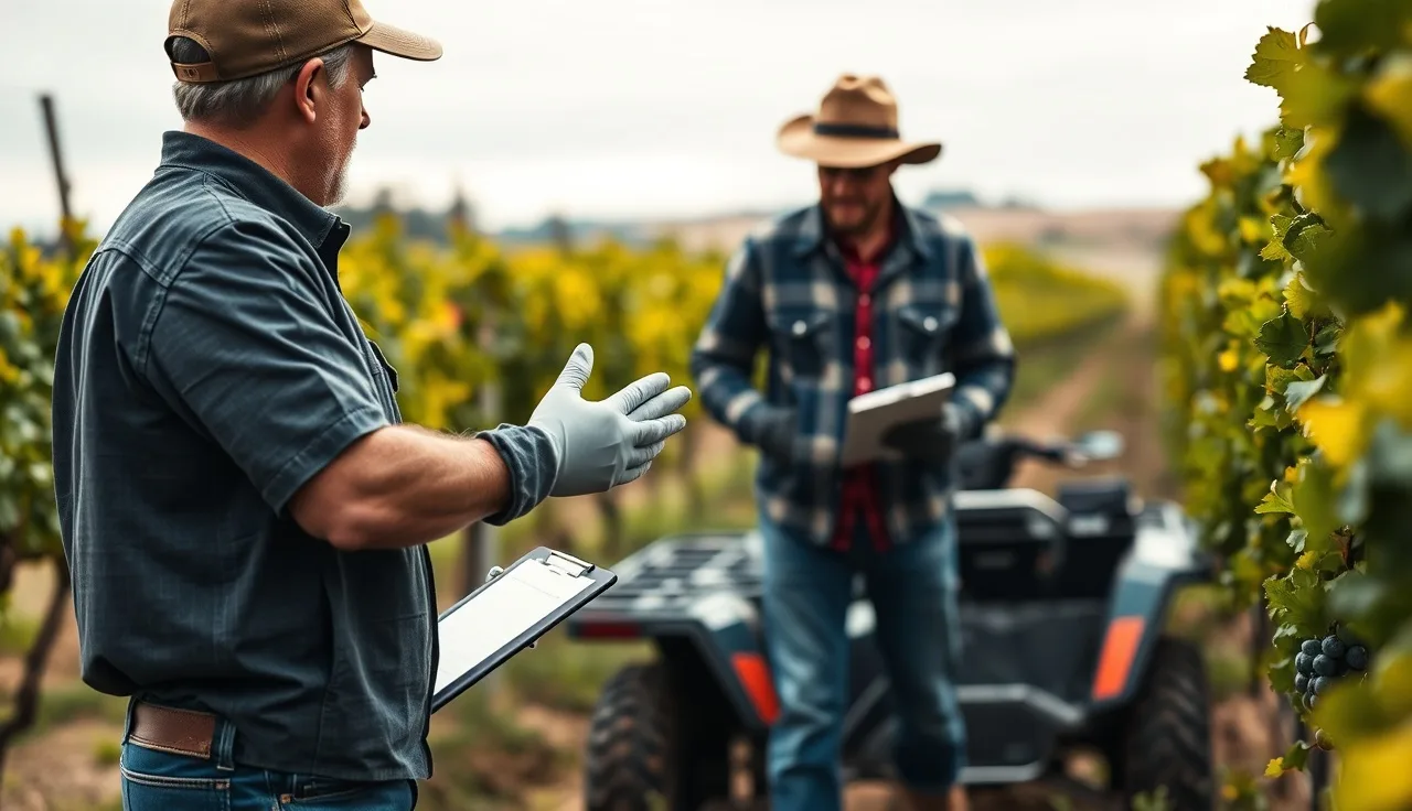 Vineyard supervisor issuing protective gloves to a handler worker among grapevine rows