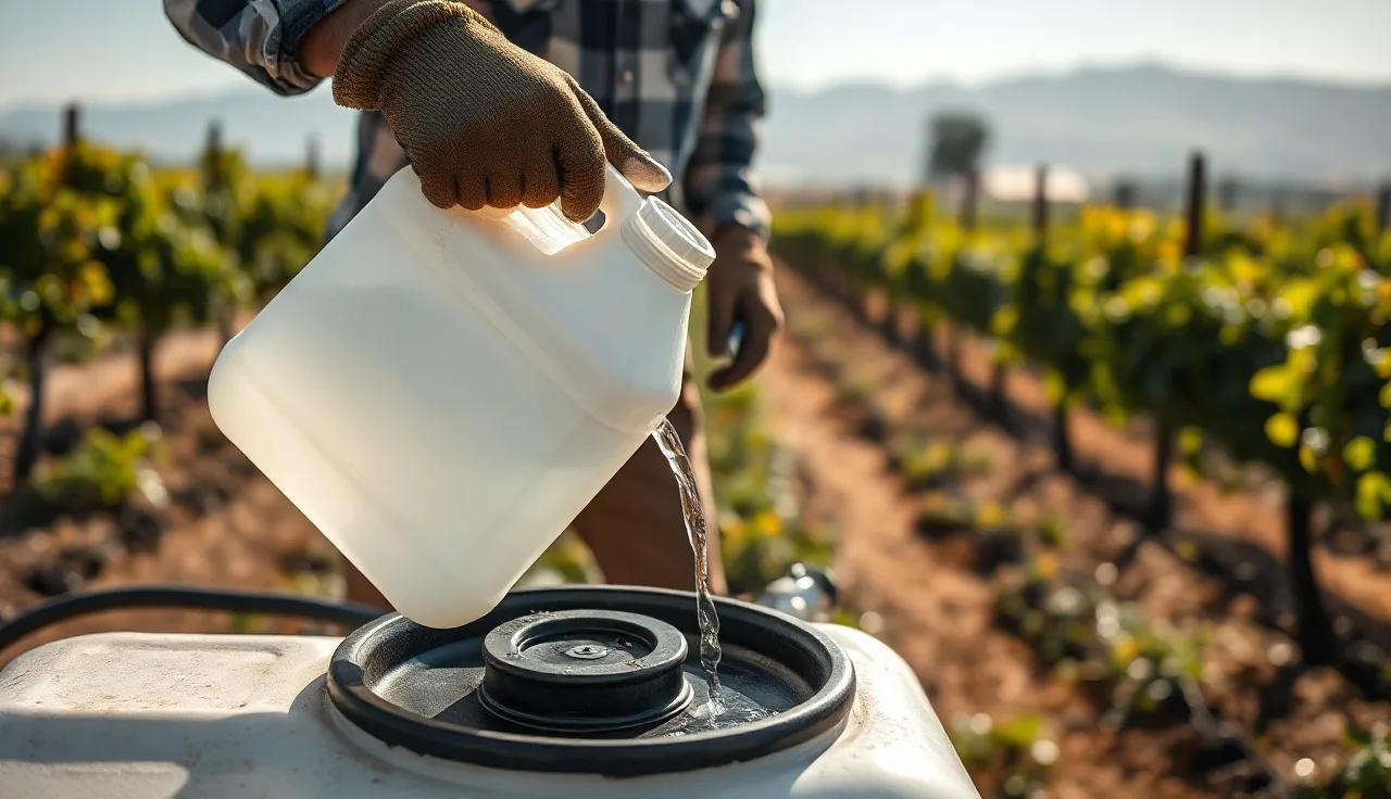 Vineyard worker rinsing empty pesticide container over spray tank in California vineyard rows