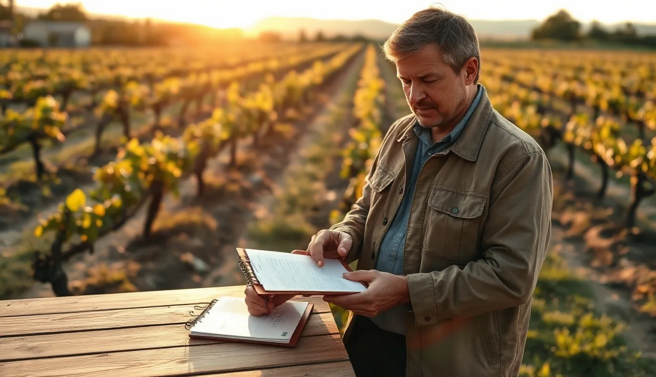 Vineyard manager reviewing pesticide training documentation at an outdoor table near dormant vines