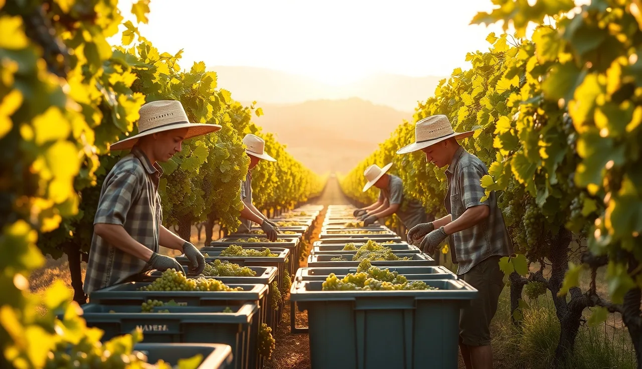 Harvest crew picking wine grapes by hand into bins at sunrise in a California vineyard