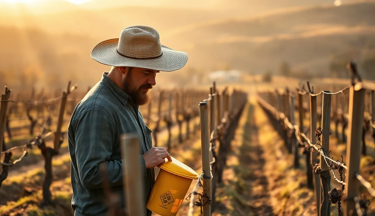 Vineyard worker inspecting a yellow sharpshooter monitoring trap among grapevine rows