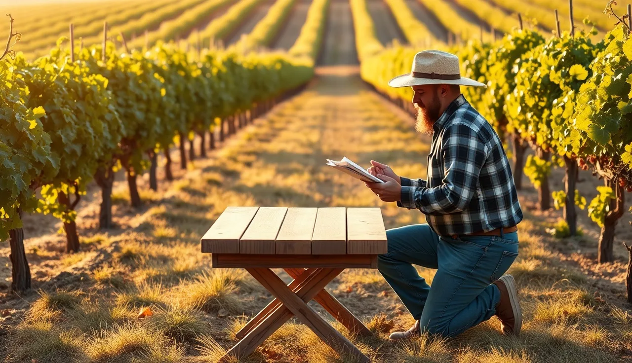 Vineyard manager reviewing WPS training forms with workers among grapevine rows at dawn