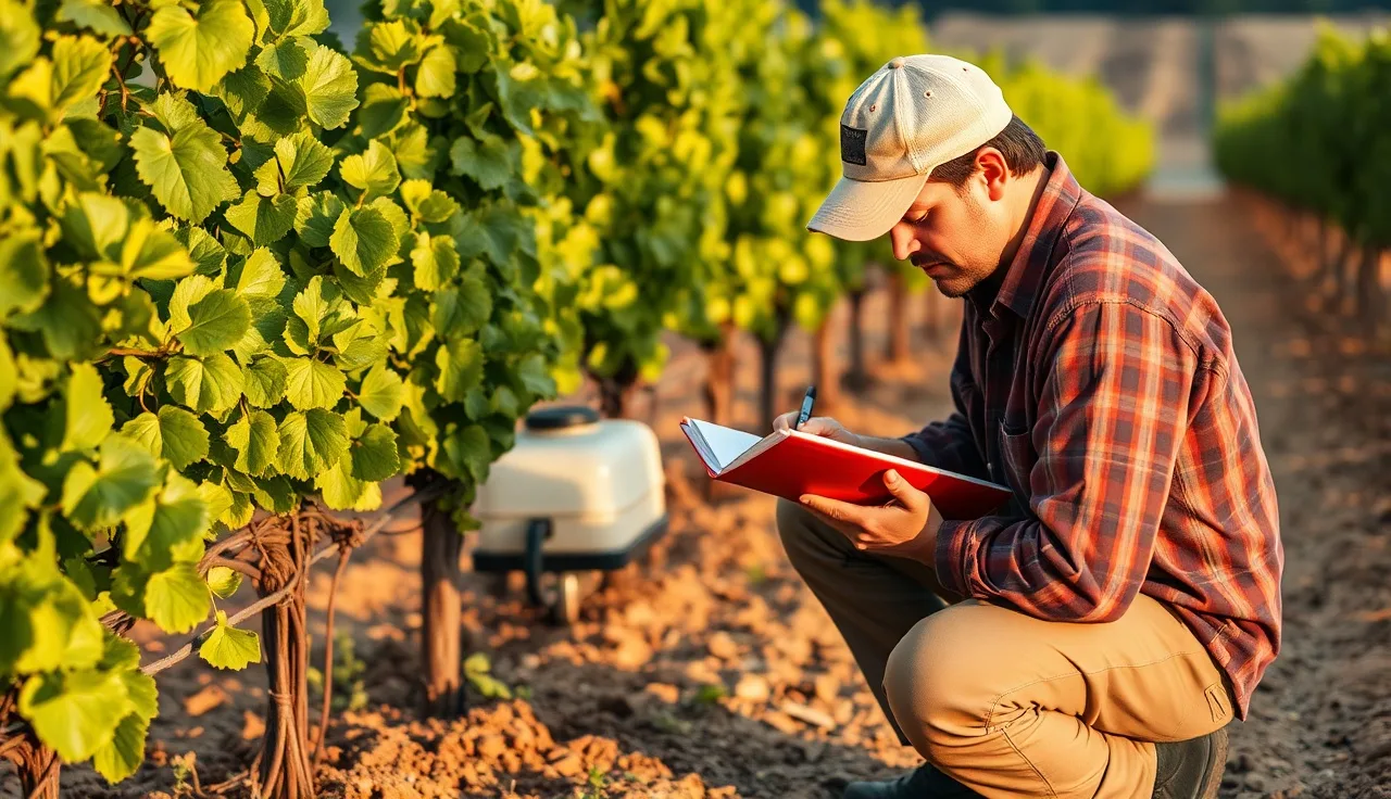 Vineyard manager writing spray log notes beside a sprayer in vine rows