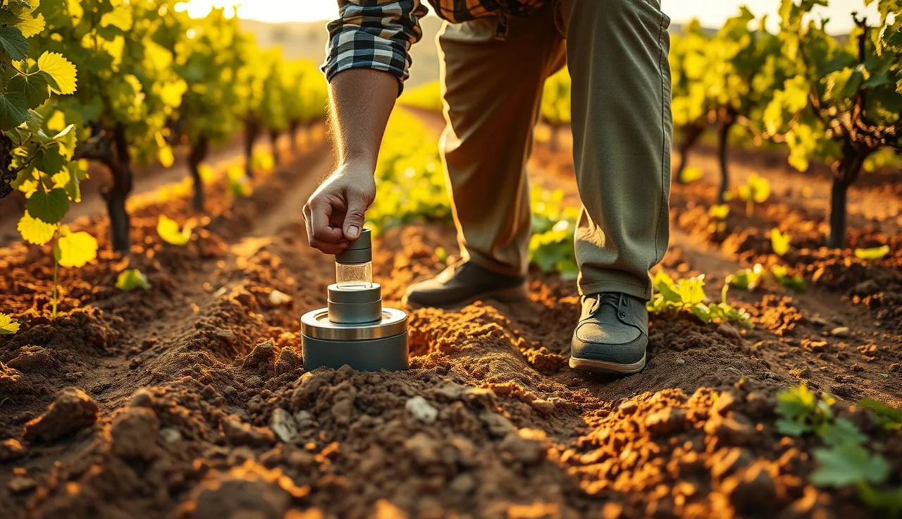 Vineyard worker collecting soil core sample between grapevine rows for carbon documentation