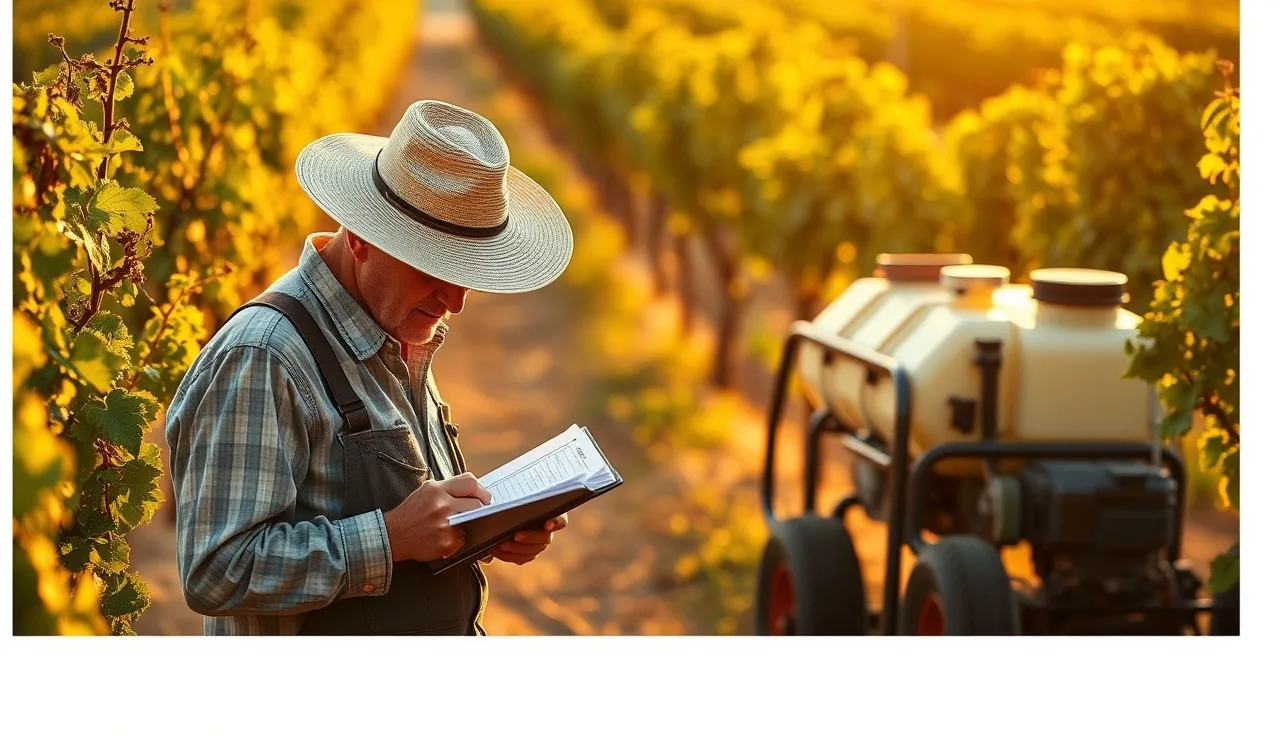 Vineyard worker recording spray application data beside airblast sprayer in vine rows