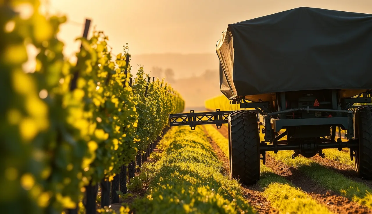 Shielded sprayer applying herbicide to under-vine strip between grapevine rows at dawn