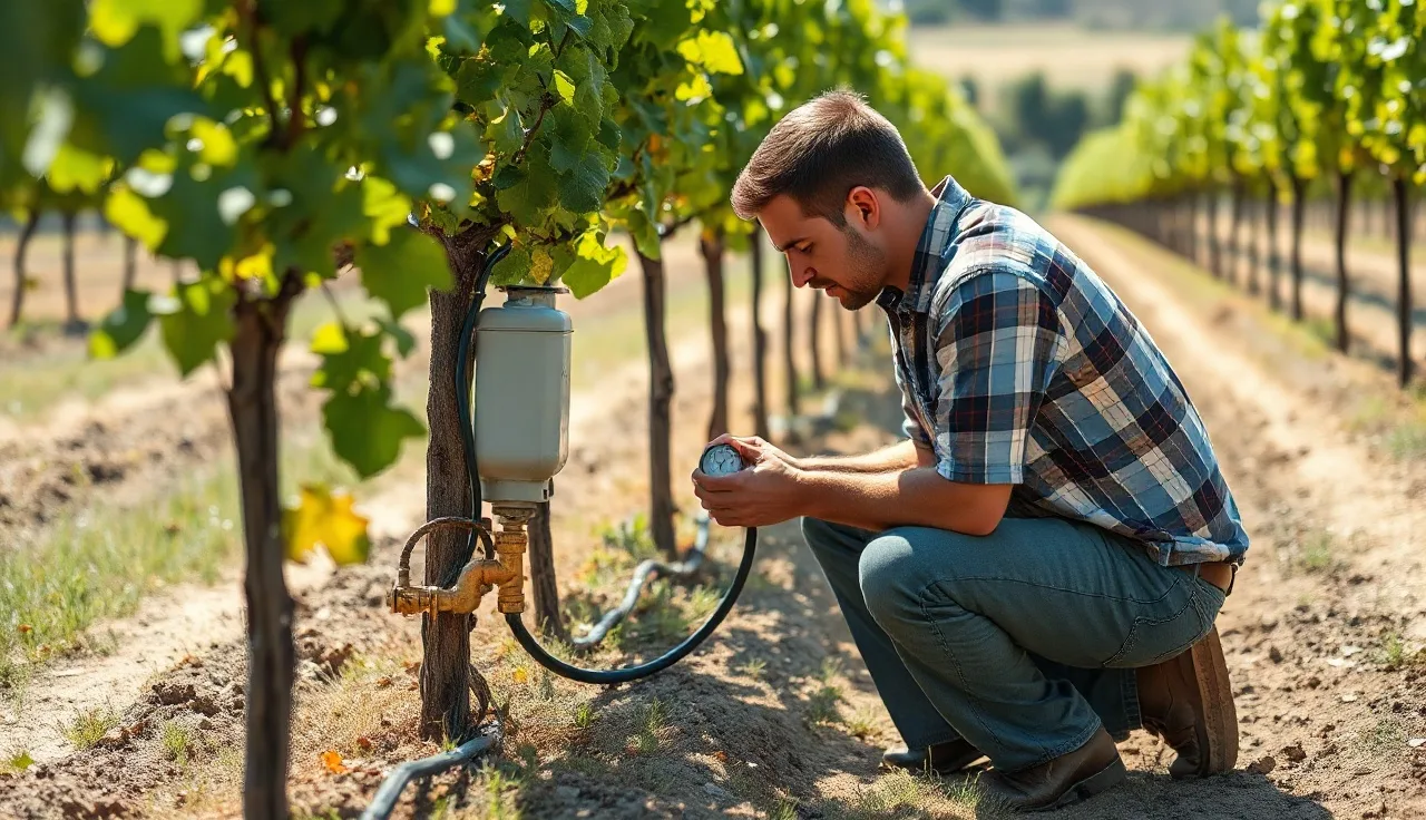 Vineyard manager checking drip irrigation pressure gauge in a vine row
