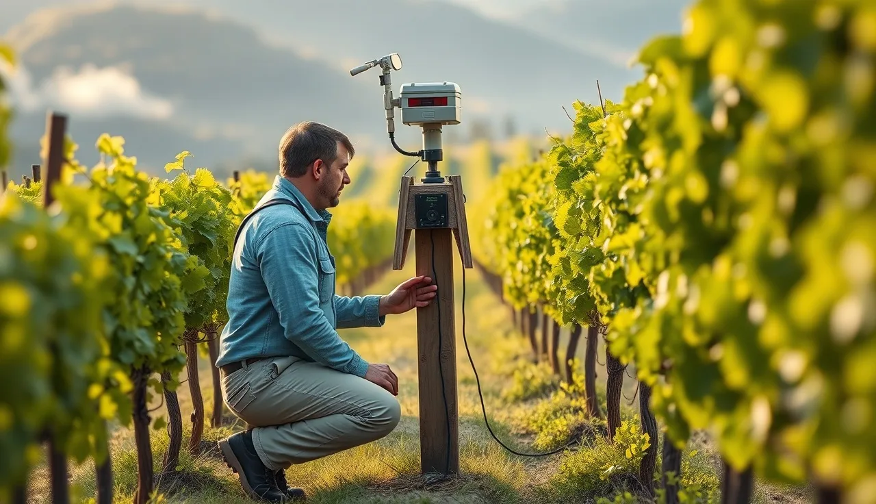 Vineyard manager inspecting canopy-height weather station between grapevine rows at dawn