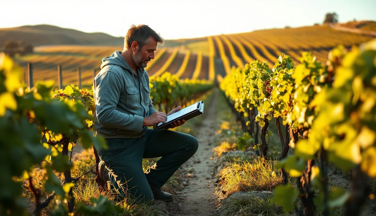 Vineyard manager reviewing spray application notes between vine rows at dawn
