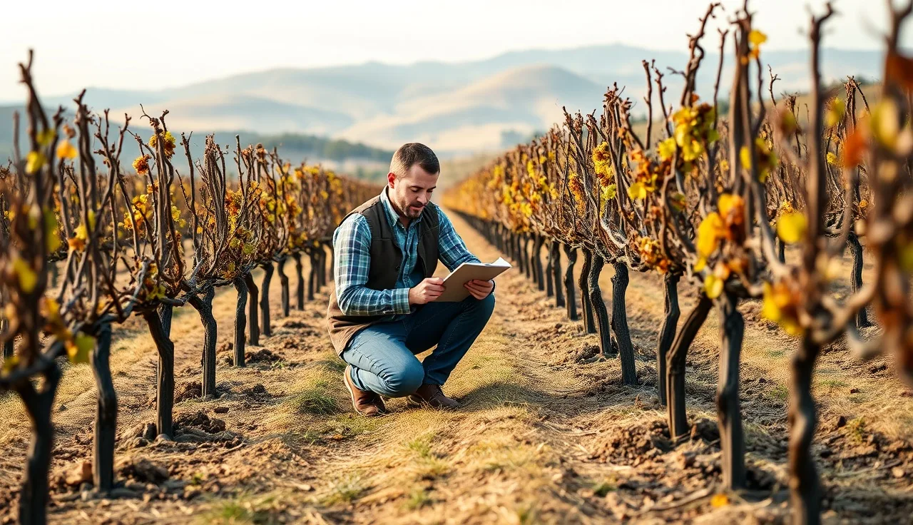 Vineyard manager reviewing field notes between dormant grapevine rows in winter morning light