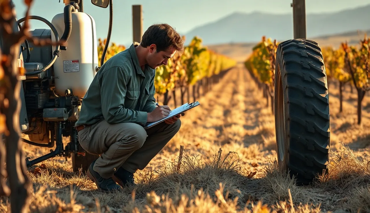 Vineyard manager recording spray application data on a clipboard beside an airblast sprayer in a vine row