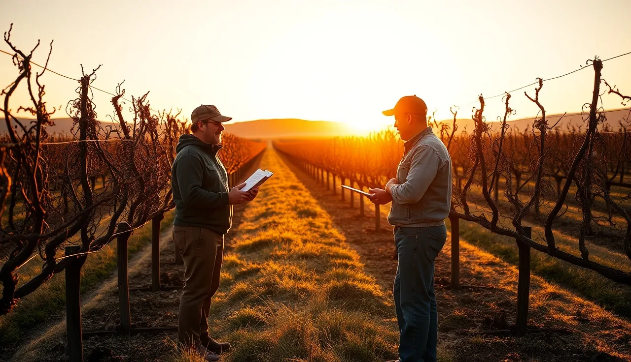 Vineyard manager handing pesticide approval paperwork to winery representative at row end