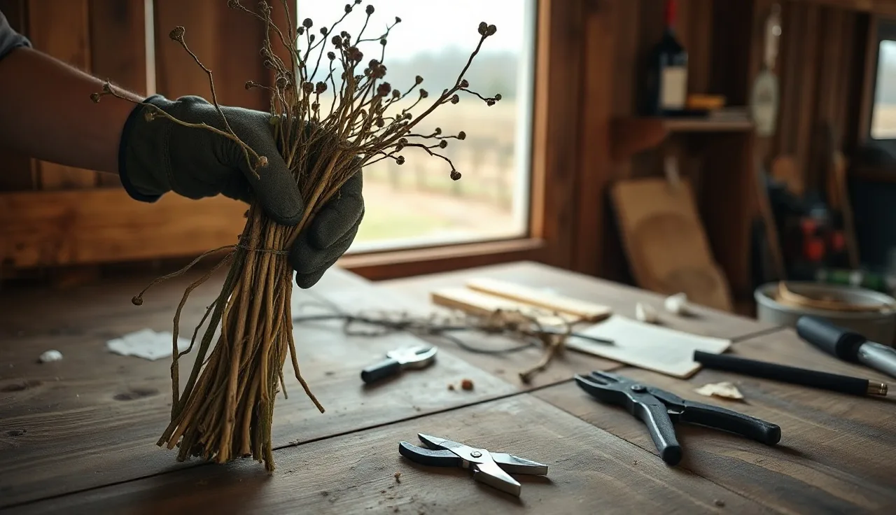 Gloved hands holding bundled dormant grapevine cuttings ready for propagation on a workbench