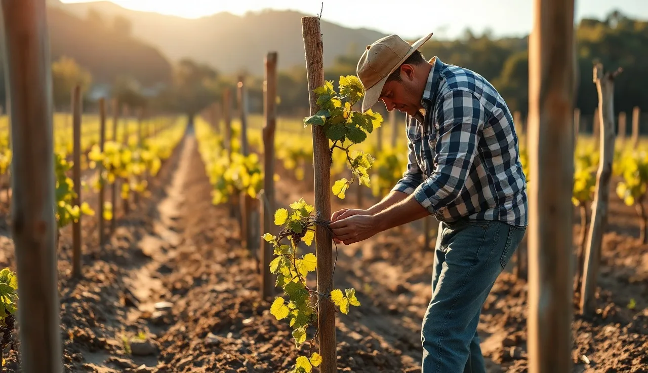 Vineyard worker training young grapevines onto trellis wires in early spring