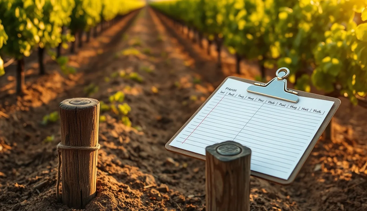 Clipboard with open field log resting against vineyard row stake at dawn
