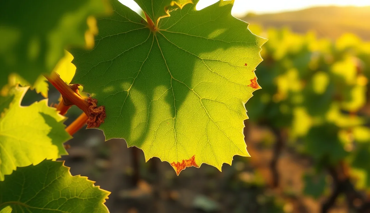 Grapevine leaf with brown marginal necrosis from boron toxicity in a vineyard row