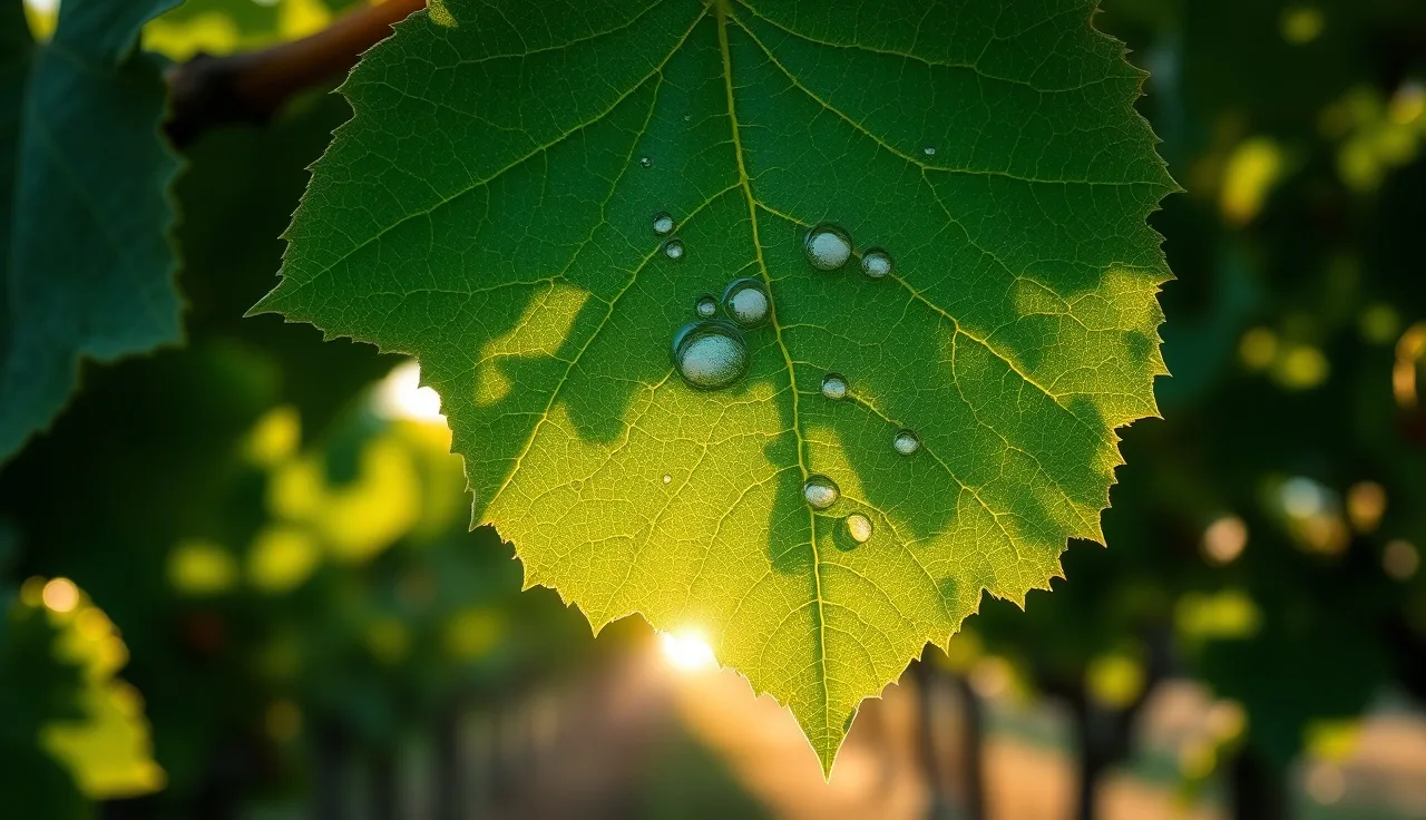 Grape leaf underside showing white downy mildew sporulation under morning dew in a vineyard