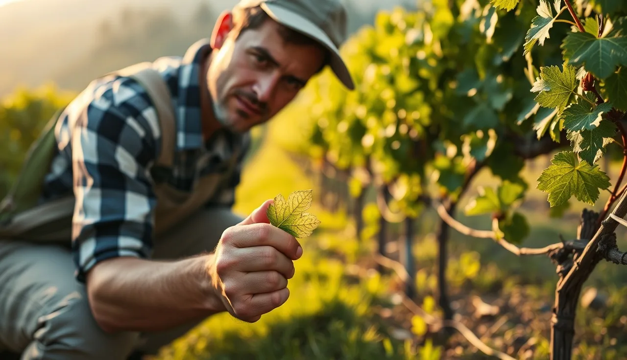 Vineyard worker examining grape shoot tip with hand lens for early powdery mildew signs