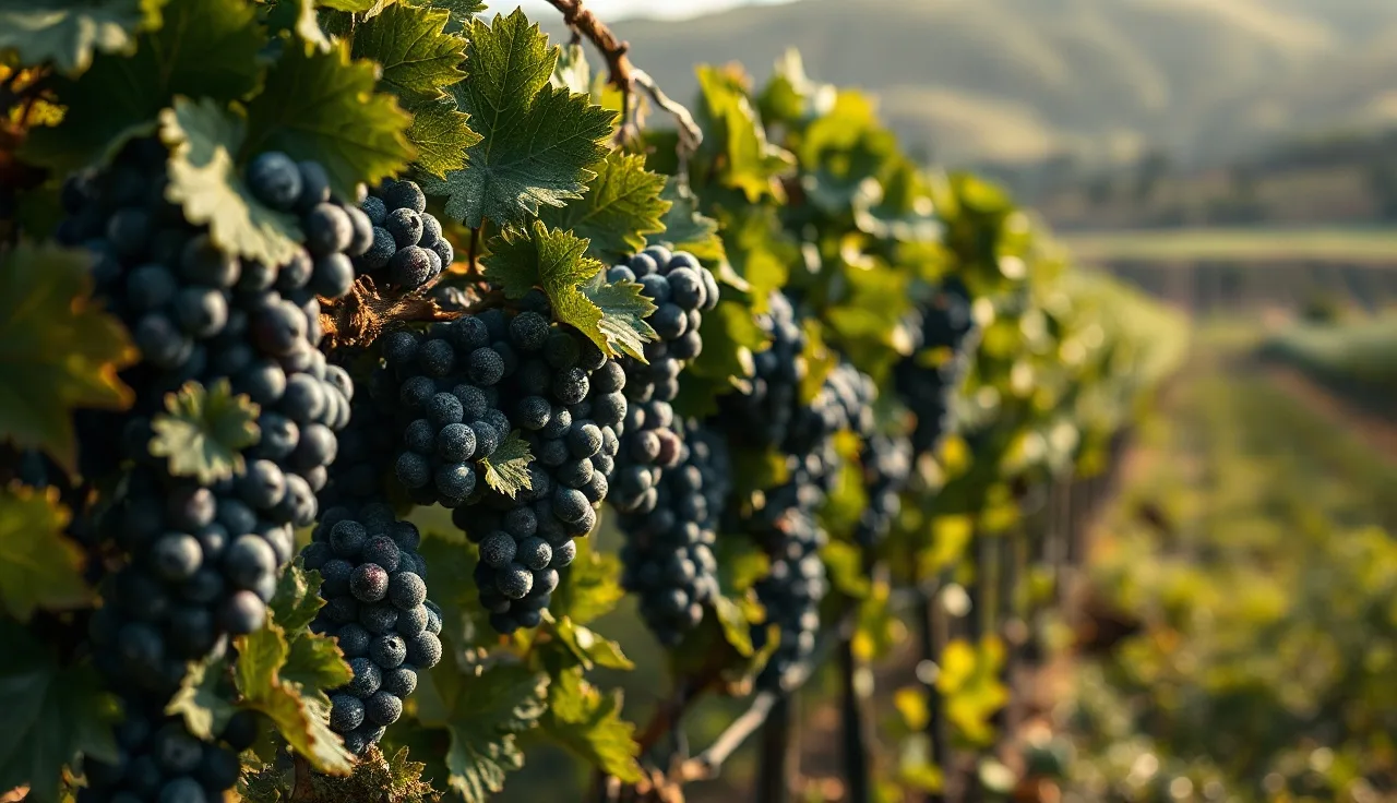 White powdery mildew coating on grapevine leaves and young grape clusters at dawn