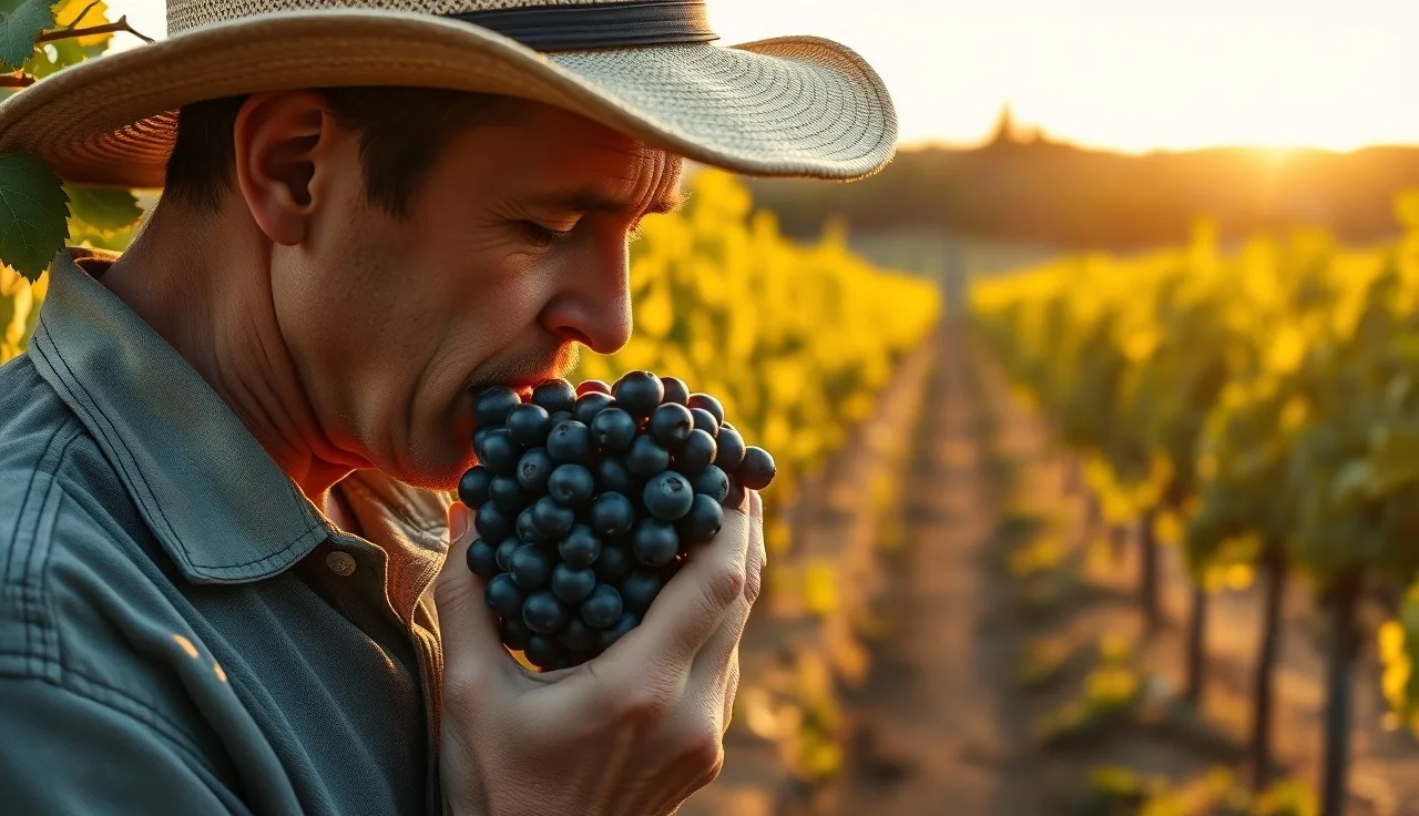 Vineyard worker checking ripe grape cluster during late-season harvest assessment