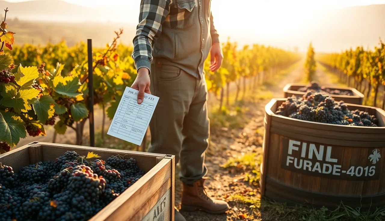 Vineyard worker holding a harvest weight ticket next to grape bins in morning light