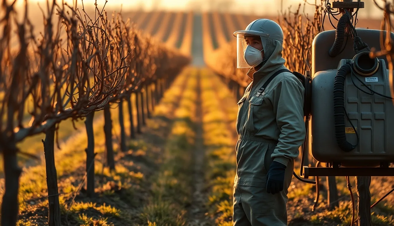 Vineyard worker in protective gear beside spray equipment among dormant grapevine rows